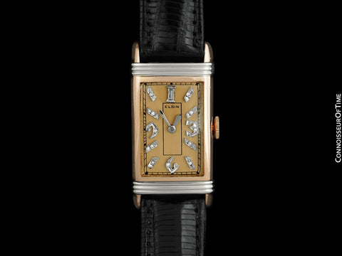 1937 Elgin Vintage Art Deco Mens Watch with Gadrooned Lugs - 14K Rose & White Gold with Diamonds