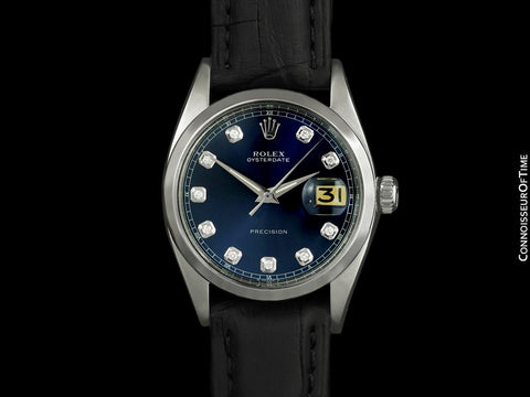 1959 Rolex Oysterdate Mens Vintage Ref. 6694 Date Watch with Blue Dial - Stainless Steel & Diamonds