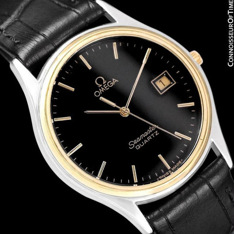 c. 1982 Omega Seamaster Brest Vintage Mens Quartz Watch - Stainless Steel & 18K Gold Plated
