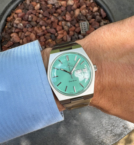 1972 Omega Geneve Vintage Retro Automatic Day Date Mens Tiffany Blue Dial Watch - Stainless Steel