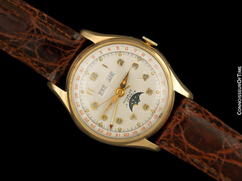 1950's Swiss Vintage Triple Calendar Moonphase Automatic Mens Watch - 14K Gold