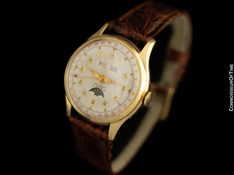 1950's Swiss Vintage Triple Calendar Moonphase Automatic Mens Watch - 14K Gold