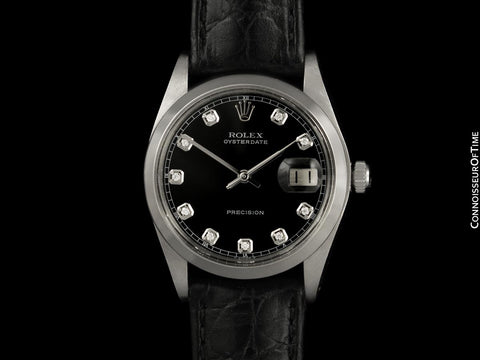 1974 Rolex Oysterdate Mens Vintage Ref. 6694 Date Watch with Black Dial - Stainless Steel & Diamonds