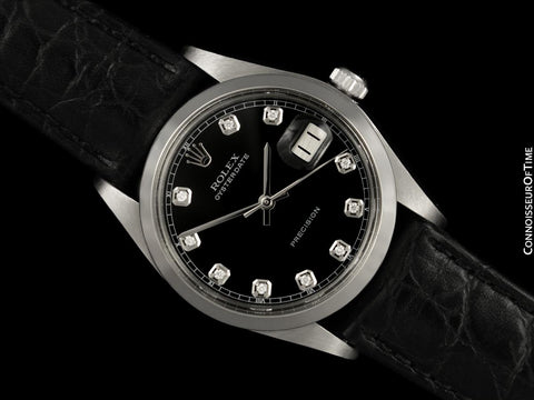 1974 Rolex Oysterdate Mens Vintage Ref. 6694 Date Watch with Black Dial - Stainless Steel & Diamonds