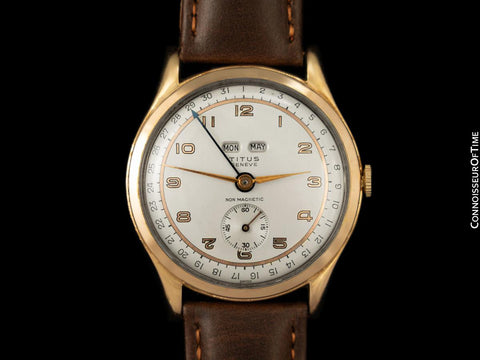 1940's Swiss Vintage Triple Calendar Large Mens Watch - 18K Gold