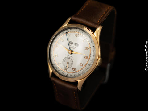 1940's Swiss Vintage Triple Calendar Large Mens Watch - 18K Gold
