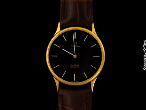 Omega De Ville Vintage Mens Midsize Thin Quartz Dress Watch with Black Dial - 18K Gold Plated