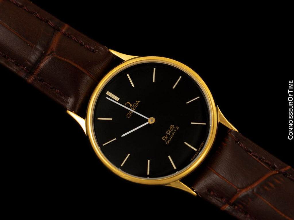 Omega De Ville Vintage Mens Midsize Thin Quartz Dress Watch with Black Dial - 18K Gold Plated Omega De Ville Vintage Mens Midsize Thin Quartz Dress Watch with Black Dial - 18K Gold Plated