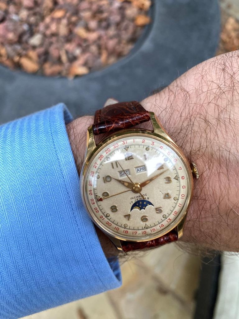 Vintage Moon Phase Watch 1950's Swiss Vintage Triple Calendar