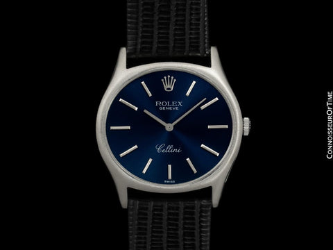 1975 Rolex Cellini Vintage Mens Handwound TV Watch with Royal Blue Dial, Ref. 3806 - 18K White Gold