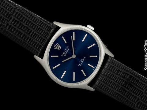 1975 Rolex Cellini Vintage Mens Handwound TV Watch with Royal Blue Dial, Ref. 3806 - 18K White Gold