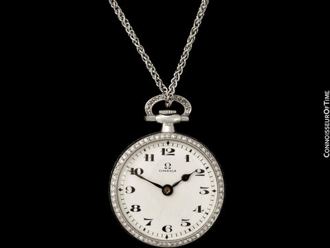 1914 Omega Vintage Ladies Platinum, Diamond & Cameo Miniature Pendant Watch - Omega Papers