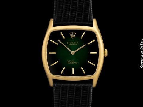 1974 Rolex Cellini Vintage Mens Handwound TV Shaped Dress Watch with Green Vignette Dial, Ref. 3805 - 18K Gold