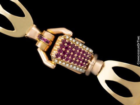 1950's Vintage Ladies Cocktail Bracelet with Piaget Watch - 14K Rose Gold, DIamonds & Rubies