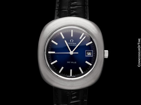 1972 Omega De Ville Vintage Mens Large Retro Automatic Watch with Blue Vignette Dial - Stainless Steel