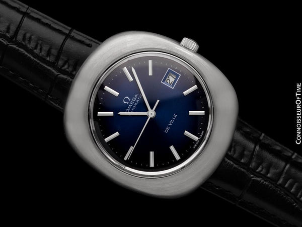 1972 Omega De Ville Vintage Mens Large Retro Automatic Watch with Blue Vignette Dial - Stainless Steel