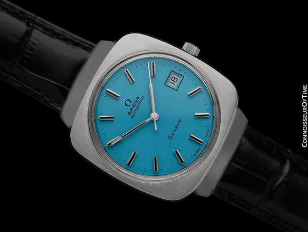 1973 Omega De Ville Mens Large Retro Dress TV Shaped Watch with Pacific Blue Dial - Stainless Steel