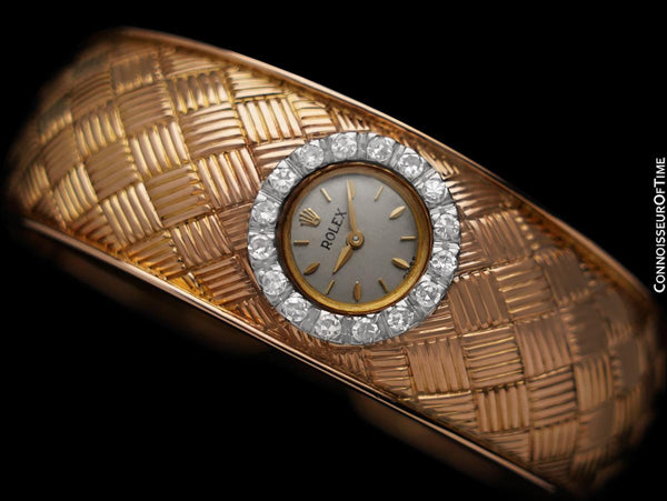 1960's Rolex Vintage Ladies Watch in Stunning Cuff Bracelet - 18K Gold & Diamonds