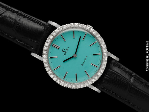 1974 Omega Geneve Vintage Mens Handwound Tiffany Blue Dress Watch - Stainless Steel & Diamonds