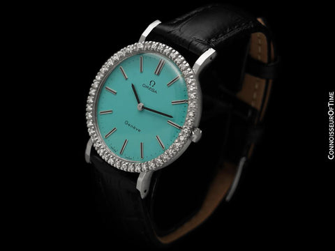 1974 Omega Geneve Vintage Mens Handwound Tiffany Blue Dress Watch - Stainless Steel & Diamonds