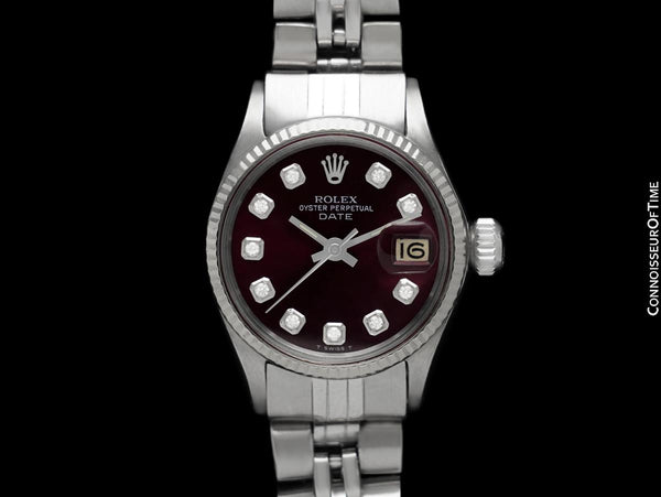 1967 Rolex Vintage Ladies Date Datejust Watch with Wine Dial - Stainless Steel, 18K White Gold & Diamonds