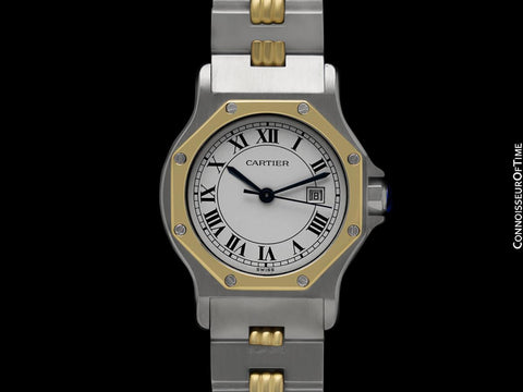 Cartier Santos Octagon Godron Mens Midsize Watch, Automatic - Stainless Steel & 18K Gold