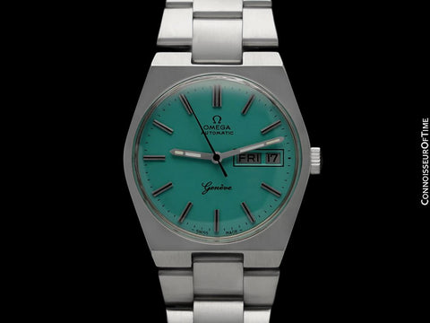 1972 Omega Geneve Vintage Retro Automatic Day Date Mens Tiffany Blue Dial Watch - Stainless Steel