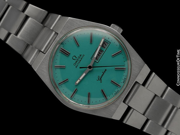 1972 Omega Geneve Vintage Retro Automatic Day Date Mens Tiffany Blue Dial Watch - Stainless Steel