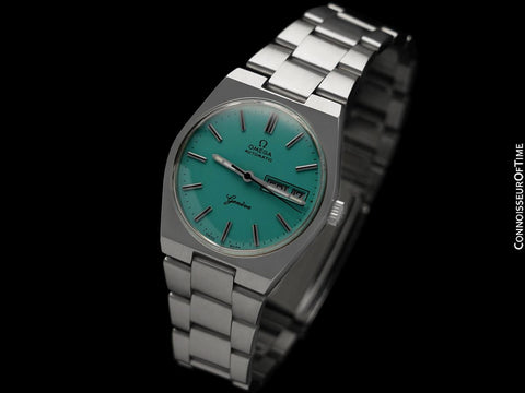 1972 Omega Geneve Vintage Retro Automatic Day Date Mens Tiffany Blue Dial Watch - Stainless Steel