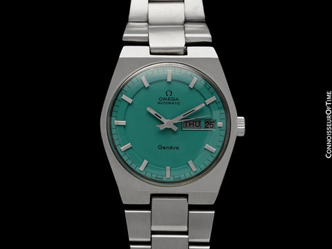 1973 Omega Geneve Vintage Retro Automatic Day Date Mens Tiffany Blue Dial Watch - Stainless Steel