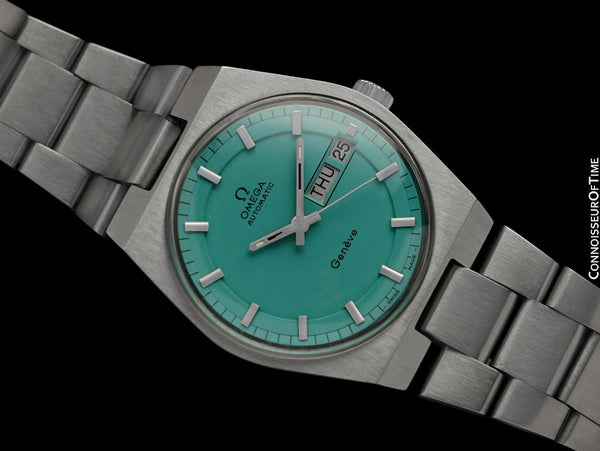 1973 Omega Geneve Vintage Retro Automatic Day Date Mens Tiffany Blue Dial Watch - Stainless Steel