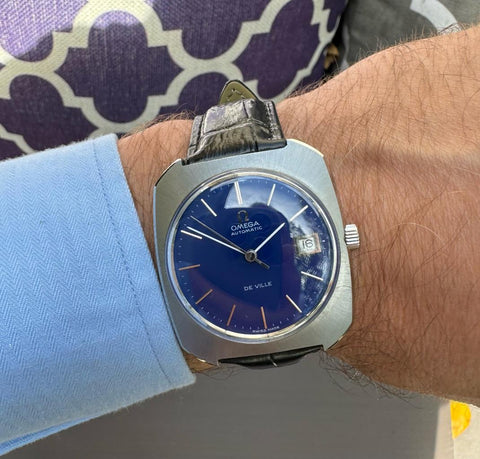 1970's Omega De Ville Mens Large Retro Dress with Navy Blue Dial - Stainless Steel