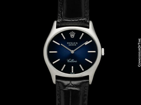 1974 Rolex Cellini Vintage Mens Handwound TV Watch with Royal Blue Dial, Ref. 3806 - 18K White Gold