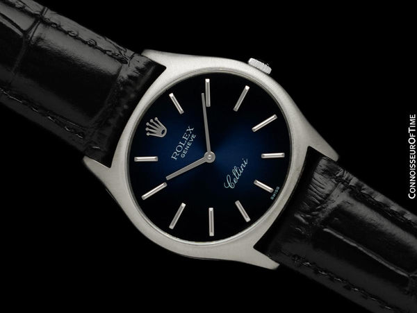 1974 Rolex Cellini Vintage Mens Handwound TV Watch with Royal Blue Dial, Ref. 3806 - 18K White Gold