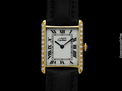 Cartier Vintage Mens Tank Mechanical Watch - Gold Vermeil, 18K Gold over Sterling Silver & Diamonds