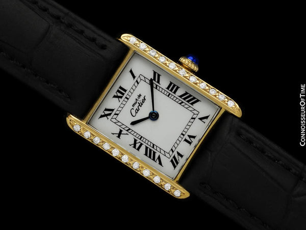 Cartier Vintage Mens Tank Mechanical Watch - Gold Vermeil, 18K Gold over Sterling Silver & Diamonds