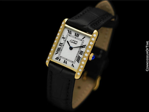 Cartier Vintage Mens Tank Mechanical Watch - Gold Vermeil, 18K Gold over Sterling Silver & Diamonds