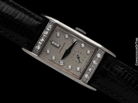 1953 Longines Vintage Mens Midsize Rectangular Watch - 14K White Gold & 17 Diamonds