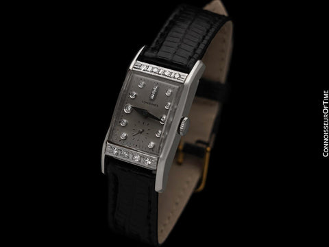 1953 Longines Vintage Mens Midsize Rectangular Watch - 14K White Gold & 17 Diamonds