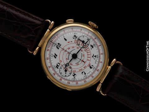 c. 1919 Eberhard Vintage Extra-Large Mens Sporting / Aviator's Single Button Chronograph - 18K Gold