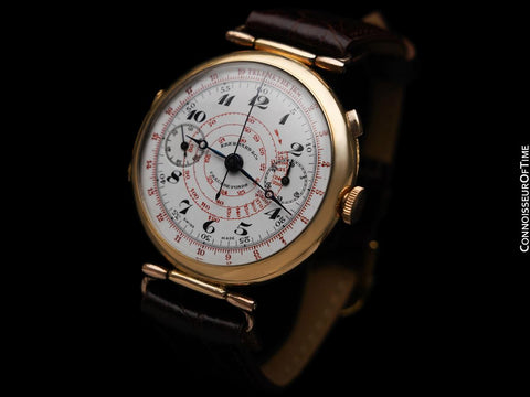 c. 1919 Eberhard Vintage Extra-Large Mens Sporting / Aviator's Single Button Chronograph - 18K Gold