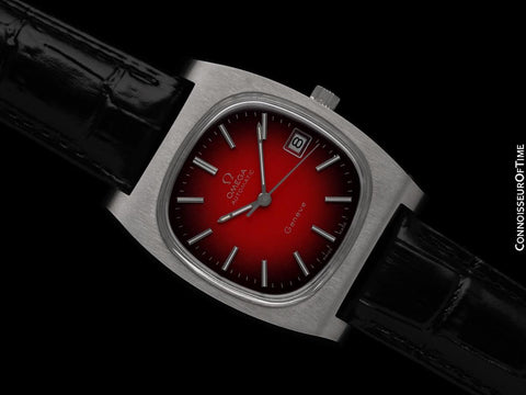 1974 Omega Geneve Vintage Mens TV Shaped Watch with Porsche Red Vignette Dial - Stainless Steel