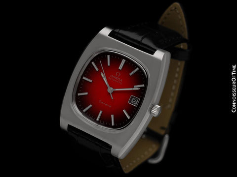 1974 Omega Geneve Vintage Mens TV Shaped Watch with Porsche Red Vignette Dial - Stainless Steel