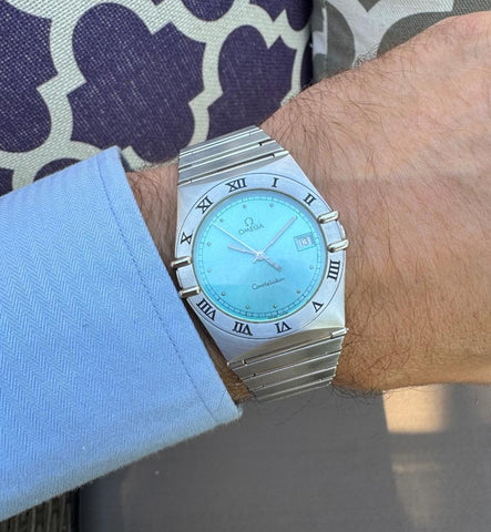 Omega Constellation Manhattan Mens 35mm Watch with Tiffany Blue Dial - Brushed Stainless Steel