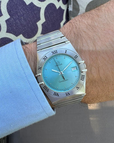 Omega Constellation Manhattan Mens 35mm Watch with Tiffany Blue Dial - Brushed Stainless Steel