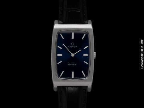 1972 Omega Geneve Mens Large Tonneau Retro Watch with Blue Dial - Stainless Steel