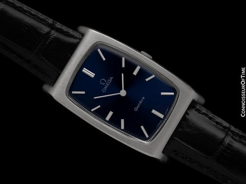 1972 Omega Geneve Mens Large Tonneau Retro Watch with Blue Dial - Stainless Steel