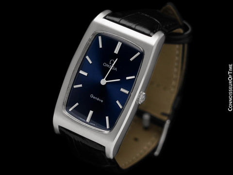 1972 Omega Geneve Mens Large Tonneau Retro Watch with Blue Dial - Stainless Steel