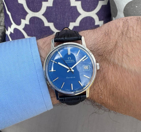 1973 Omega Geneve Vintage Mens Byzantine Blue Automatic Watch - Stainless Steel