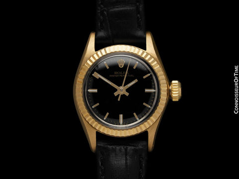 1970 Rolex Oyster Perpetual Ladies Vintage Watch with Black Dial - 18K Gold